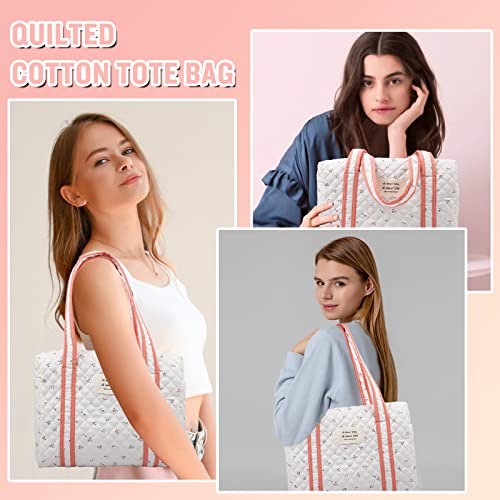 Coquette Quilted Cotton Tote Bag, Aesthetic Shoulder Bag Cute Floral Handbag With Zipper Inner Pocket, Portable And Soft Large Capacity Travel Storage Bag Satchel Purse Pouch For Women Girls(White) #TOP6
