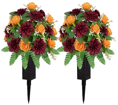 XIAYAN Artificial Cemetery Flowers Realistic Orange Silk Roses & Wine Red Dahlia - Outdoor Grave Decorations with Non-Bleed Colors Easy to Install (Orange+Wine Red)