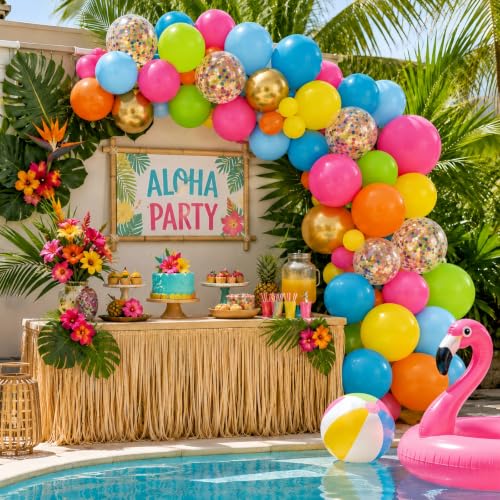 Image of Tropical Balloons, 60Pcs Summer Balloon Hot Pink Orange Teal Blue Yellow Green Gold Colorful Balloons with Rainbow Confetti Balloon for Hawaiian Aloha Luau Pool Birthday Beach Party Decorations