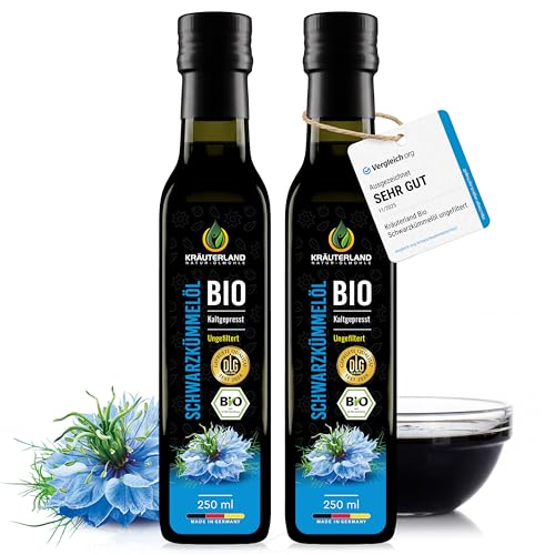 Kräuterland Bio Schwarzkümmelöl 2X250ml (500ml), ungefiltert, ohne Zusatzstoffe, hoher Thymochinon, Omega Fettsäuren, kaltgepresst, vegan, mild, mühlenfrisch aus unsrer hessischen Ölmühle