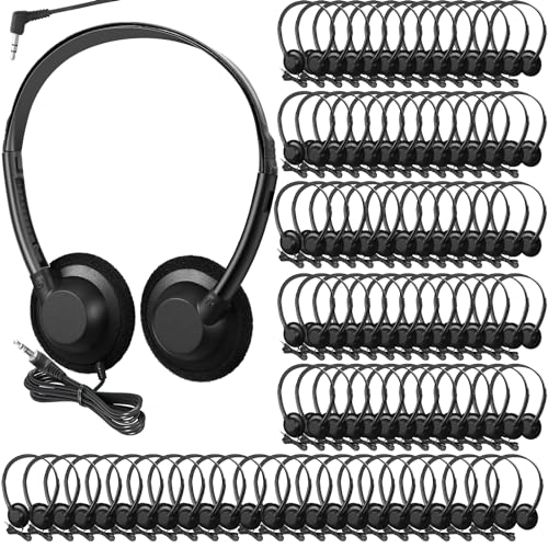Flutesan 100 Pieces Classroom School Headphones Bulk on Ear Headphone with 3.5mm Headphone Plug in Adjustable Disposable for Kids Adults Student Noise Stereo Sound Library No Microphone