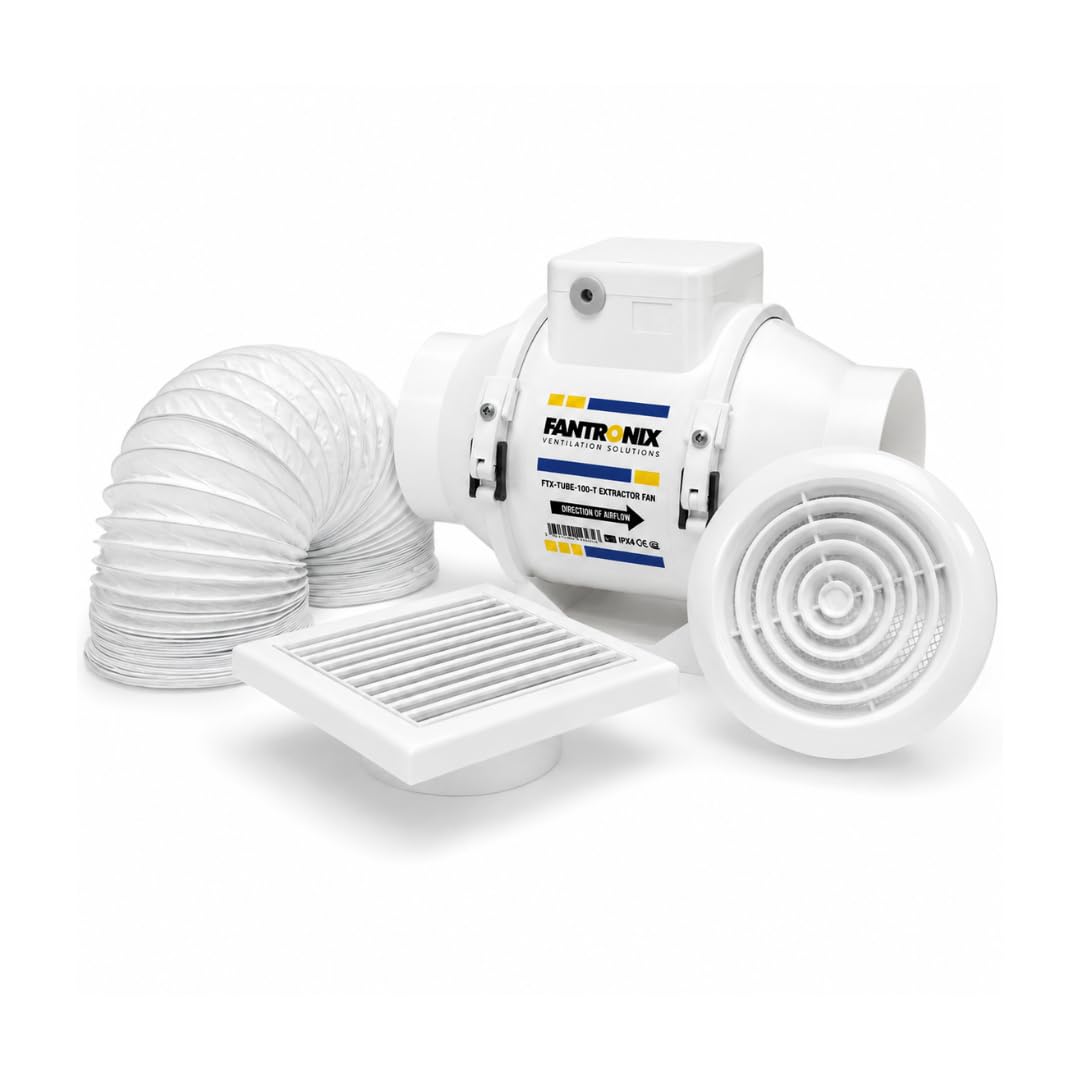 Fantronix 100 mm (4”) Inline Bathroom Extractor Fan Kit with Run-On Timer – Loft-Mounted Ventilation with External Vent Cover & Mesh