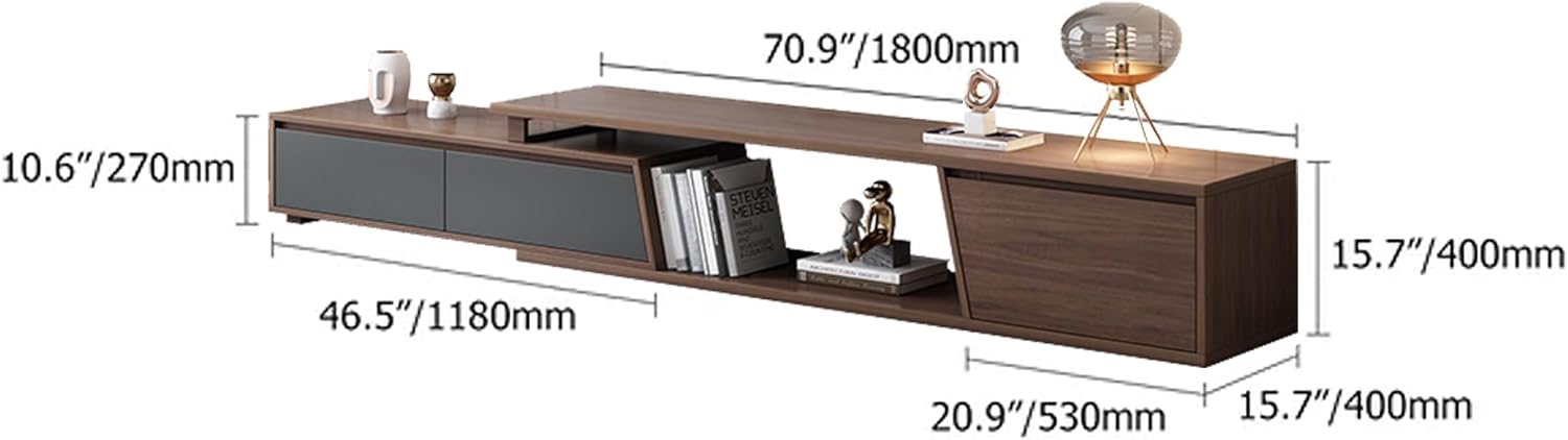 Modern Walnut TV Stand Entertainment Center, Extendable to 120 Inch, 3 Storage Drawers, Contemporary Media Console with Shelves, Walnut Grey