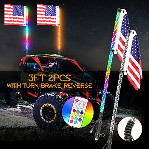 Nirider 2PCS 3ft LED Whip Lights with Turn/Brake/Reverse Light with Flag Pole Remote Control Spiral RGB Chase Light LED Lighted Antenna Whip for UTV, ATV, RZR, Can-Am, Dune Buggy, Offroad, Truck, Boat