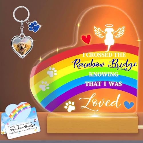 Newmetab Rainbow Bridge Dog Memorial Gifts for Loss of Dog Cat, 5.9“ Acrylic with LED Light/Picture Frame Keychain with Paw Prints/Sympathy Card Pet Sympathy Bereavement Gifts for Pet Lovers(Dog)