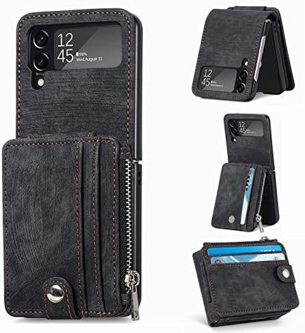 TopFunny Galaxy Z Flip 3 Wallet Case with Card Holder Retro 2 in 1 Detachable Zipper Flip Wallet Kickstand Premium PU Leather Protective Phone Cover for Samsung Galaxy Z Flip 3 5G 2021 Black
