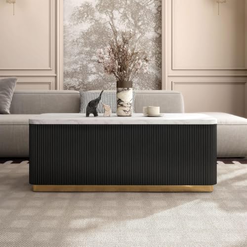 Image of Furniture of America Beryl Modern Rectangle White Genuine Marble Top Coffee Table with Fluted Pedestal Base and Gold Stainless Steel Accent, Low Profile Table for Living Room, Home Office, Black