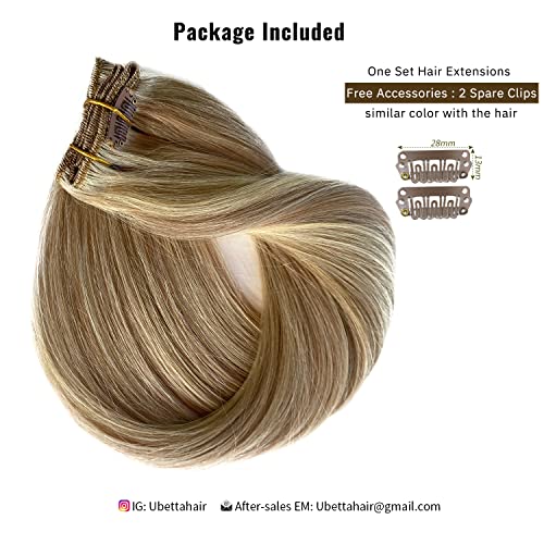 Image of Clip in Hair Extensions, Golden Blonde with Light Blonde Highlights Remy Hair Extensions Clip in Real Human Hair 7 Pcs 70G Clip in Extensions 18 Inch Double Wefts Hair Clip ins for Fine Hair Women