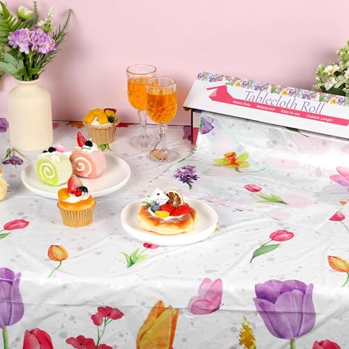 Image of Kochorie 100 Ft x 54 Inch Spring Flower Tulip Tablecloth Roll Plastic Floral Disposable Table Cover Butterfly Wildflower Themed Backdrop for Spring Floral Tea Party Birthday Wedding Decor