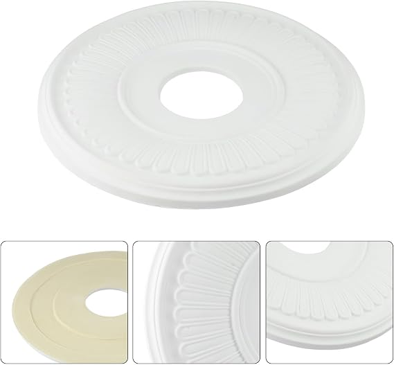 PU Decorative Ceiling Medallion 33Cm Outer 10Cm Inner For Light Fixture Or Ceiling Fan Cover With Elegant Round Design, Moisture Resistant White Plate