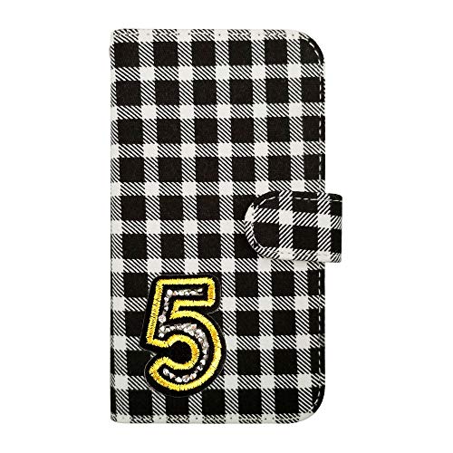 sslink iPhone17 Air アイフォン17エア 対応 手帳型 ケース ナンバー 5 (チェック02) チェック柄 千鳥柄 ファブリック 布 生地 背番号 数字 キラキラ ワッペン ラインストーン デコ 可愛い おしゃれ PUレザー 合皮 ダイア