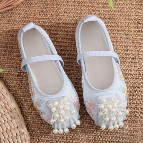 Hcclijo Children Pearl Shoes Floral Flats Ancient Round Toe Kids Elastic Band Traditional Hanfu Oriental Embroidery3