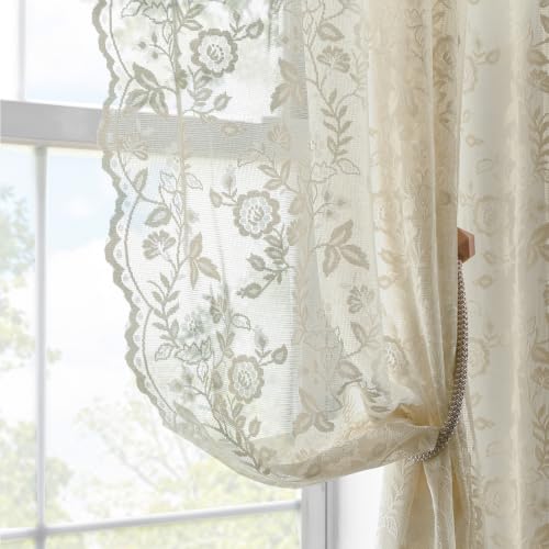 FINECITY Beige Lace Curtains Rustic Leaf Floral 42 x 84 Inch, 2 Panels