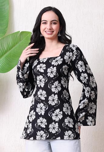 Image of MEERA FAB Women's Floral Printed Cotton Short Kurta | Floral Printed Kurta with Full Sleeves | Short Kurti for Women