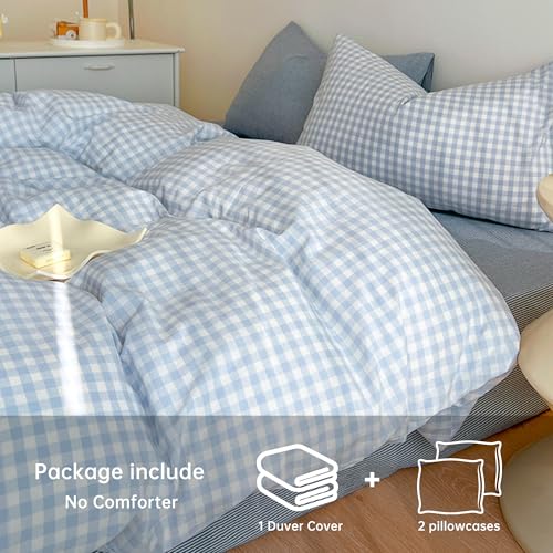 Image of BOLINLIVING Gingham Duvet Cover Full Size, 3PCS Light Blue White Checkered Plaid Duvet Cover Set, Microfiber Bedding Set for All Season with Zipper Closure and Corner Ties