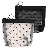 LUSTRIB 2 Pcs Mesh Makeup Bag with Zipper, Cute Heart Printed Pattern Mesh Cosmetic Bag, Mini Travel Organizer Bags for Women, Lipstick Cosmetic Organizer Bag, Travel Pouch (Black, White)