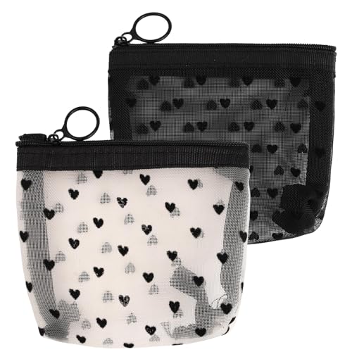 LUSTRIB 2 Pcs Mesh Makeup Bag with Zipper, Cute Heart Printed Pattern Mesh Cosmetic Bag, Mini Travel Organizer Bags for Women, Lipstick Cosmetic Organizer Bag, Travel Pouch (Black, White)