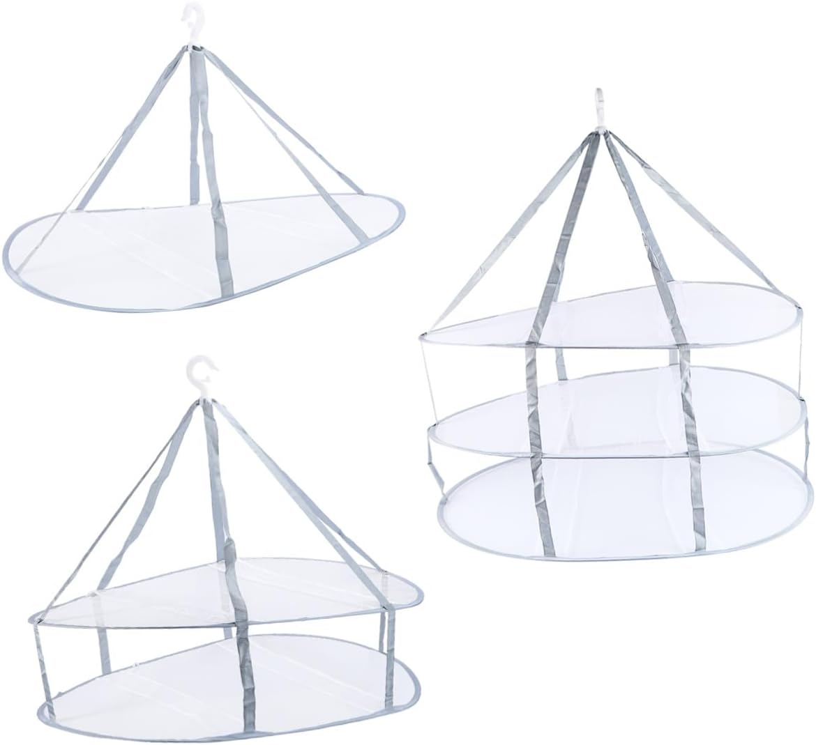 3pcs Clothes Drying Basket Set with Iron Hanging Sock Hangers, Household Practical Clothes Tuck Net for Sweaters and Socks, Square Single to Triple Layer Laundry Drying Rack