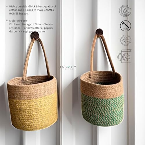 Image of JASMEY HOMES Wall Hanging Jute Basket for Vegetables /Newspaper Storage Box for Home /Milk Basket for Main Door Hanging from (Green & Yellow)