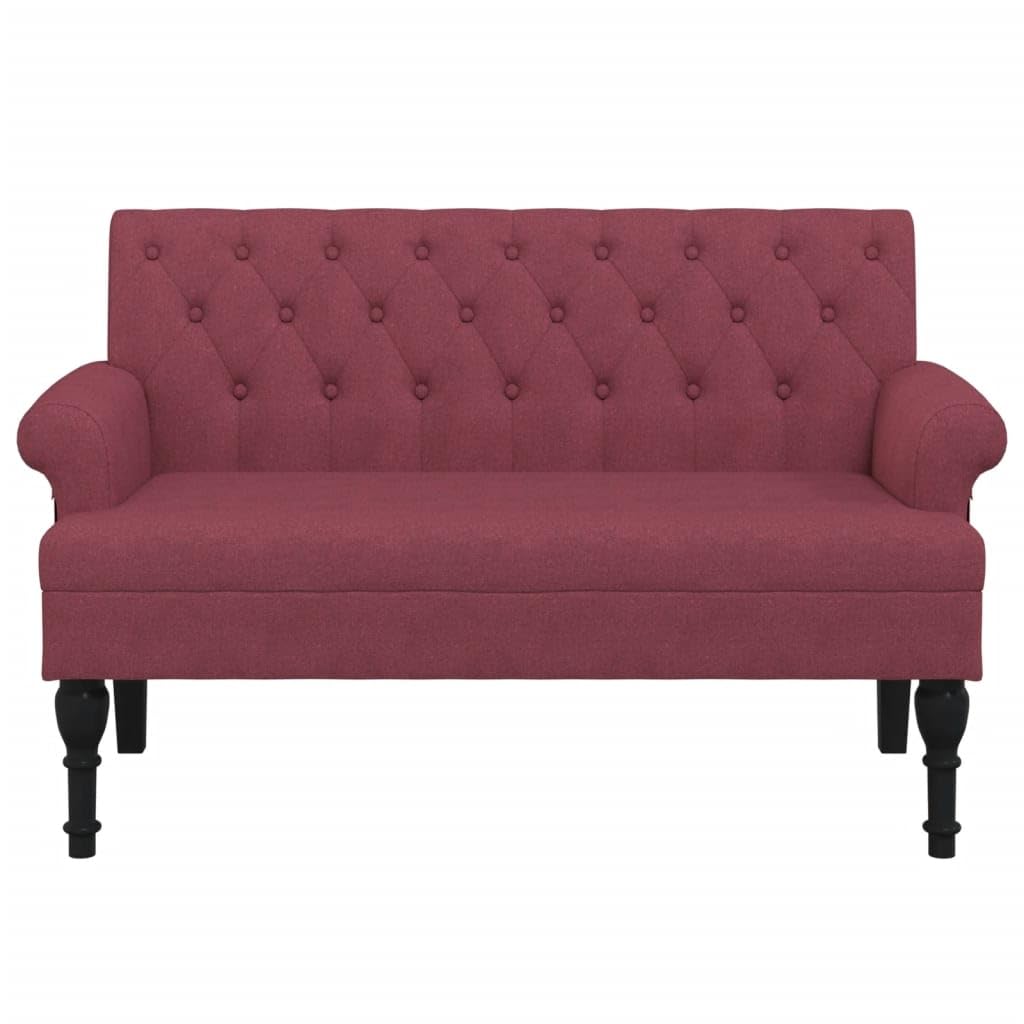 Banco con respaldo, color rojo vino, 120 x 62 x 75 cm, tela, asiento acolchado grueso, costuras con botones, reposabrazos redondeados, patas de madera de caucho maciza, estable