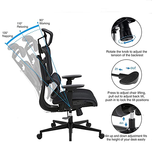 Ergonomic Office Chair, High Back Mesh Desk Chair With Liftable Backrest Armrest, 3D Adjustable Lumbar Support Headrest Computer Executive Chair #TOP5