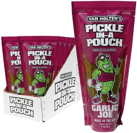 Van Holten's Garlic Joe Pickle-In-A-Pouch, Garlic Dill Snack Pouch, 12 Pack | Garlic Joe jumbo garlic dill pickle in a resealable pouch, shelf-stable snack, gluten free, individually wrapped