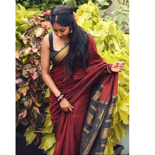 Image of Gadwal Cotton Silk Checked Saree for Women | Pure Kalyani Cotton Checked Saree with Zari Border Tassels & Blouse | Kanjivaram Linen Silk | Handloom Weave