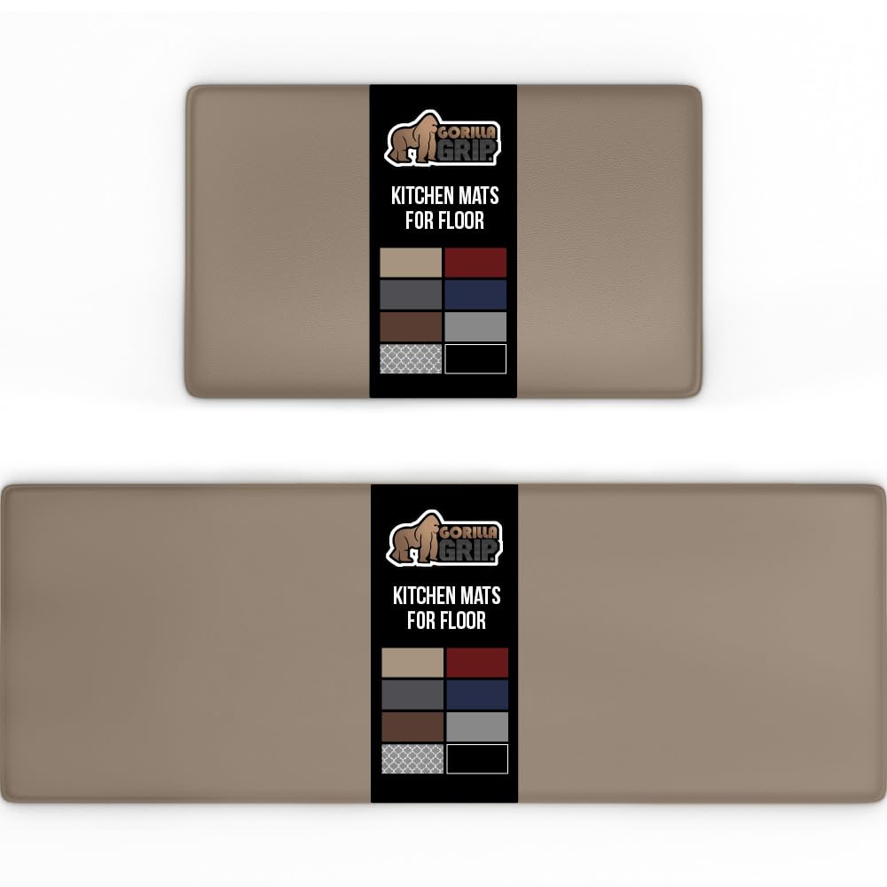 GORILLA GRIP Comfortable Cushioned Kitchen Mats for Floor, 1/2 Inch Thick Ergonomic Standing Desk Anti Fatigue Mat, Waterproof and Stain Resistant Pebbled Top, Padded Foam Rug, 17x24 + 17x48, Beige