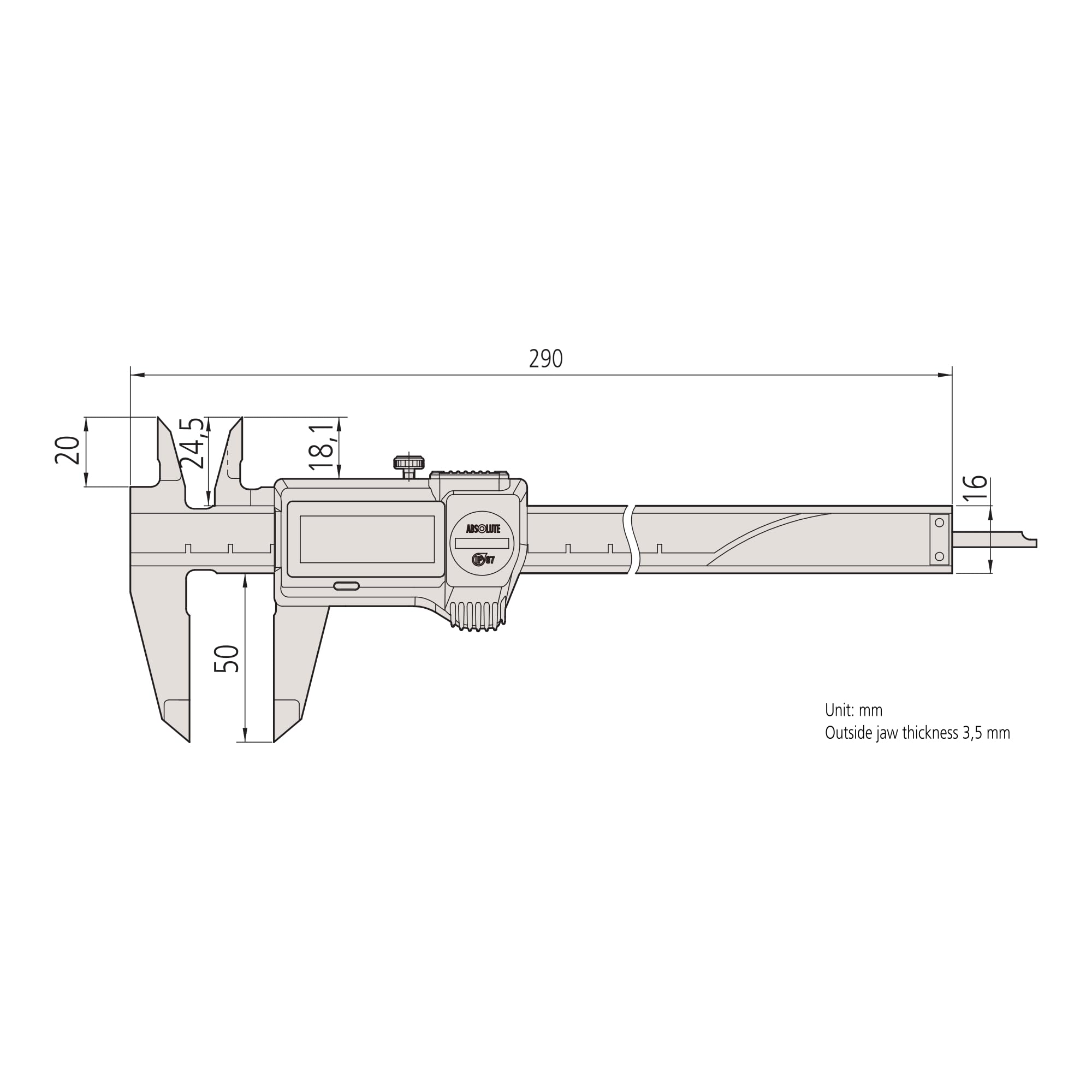MITUTOYO Cyfrowa suwmiarka lub wyjście danych O. rolka napędowa IP67 0-200 mm, 1 sztuka, 500-707-20