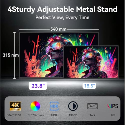 Image of 23.8 inch 4K Portable Monitor, 3840x2160 UHD 60Hz Travel Gaming Monitor Large Screen IPS Display with 100% sRGB, Built-in Speakers, VESA Mount, USB-C & HDMI,Compatible with Laptop PC Game Console