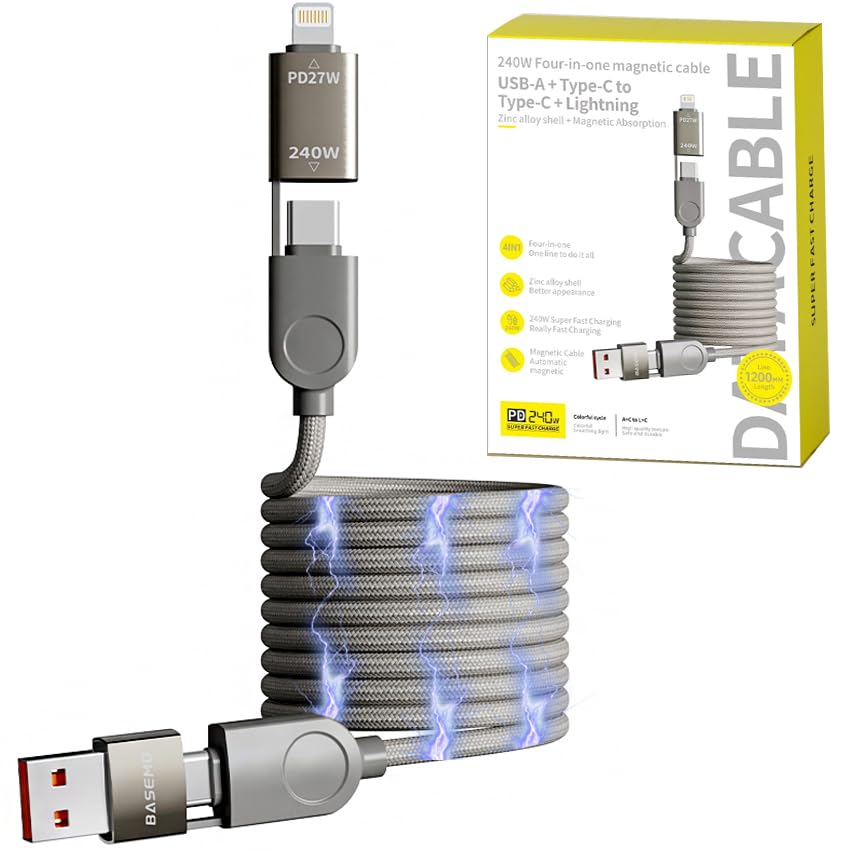 240W 4-in-1 Magnetic Wire Supercharging Cable Fast Charger for MacBook, iPad, iPhone, Samsung, Car USB C - Type C, USB - Lightning, Type-C - Type-C (Magnetic Wire Cable)