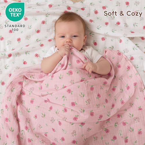 Image of david's kids 4 Pack Baby Muslin Swaddle Blankets,100% Cotton and Ultra Soft Breathable Receiving Blanket Wrap for Girls, New Born Essentials, Large 47 x 47 inches, Floral Flowers /Pink