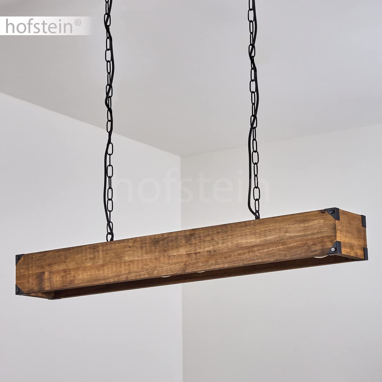 Lampada a sospensione Olomouc, lampada a sospensione in metallo nero, lampada a sospensione con asta in legno, anelli di catena e paralumi regolabili, altezza massima 119 cm, 4 x E27,senza lampadina/e