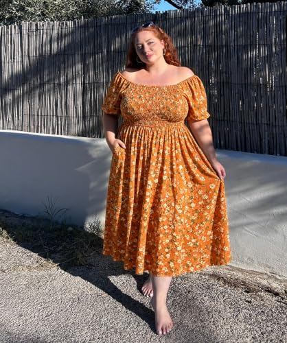 Image of RITERA Plus Size Dresses for Curvy Women Square Neck Short Sleeve Summer Floral Smocked Maxi Dress with Pocket XL-5XL