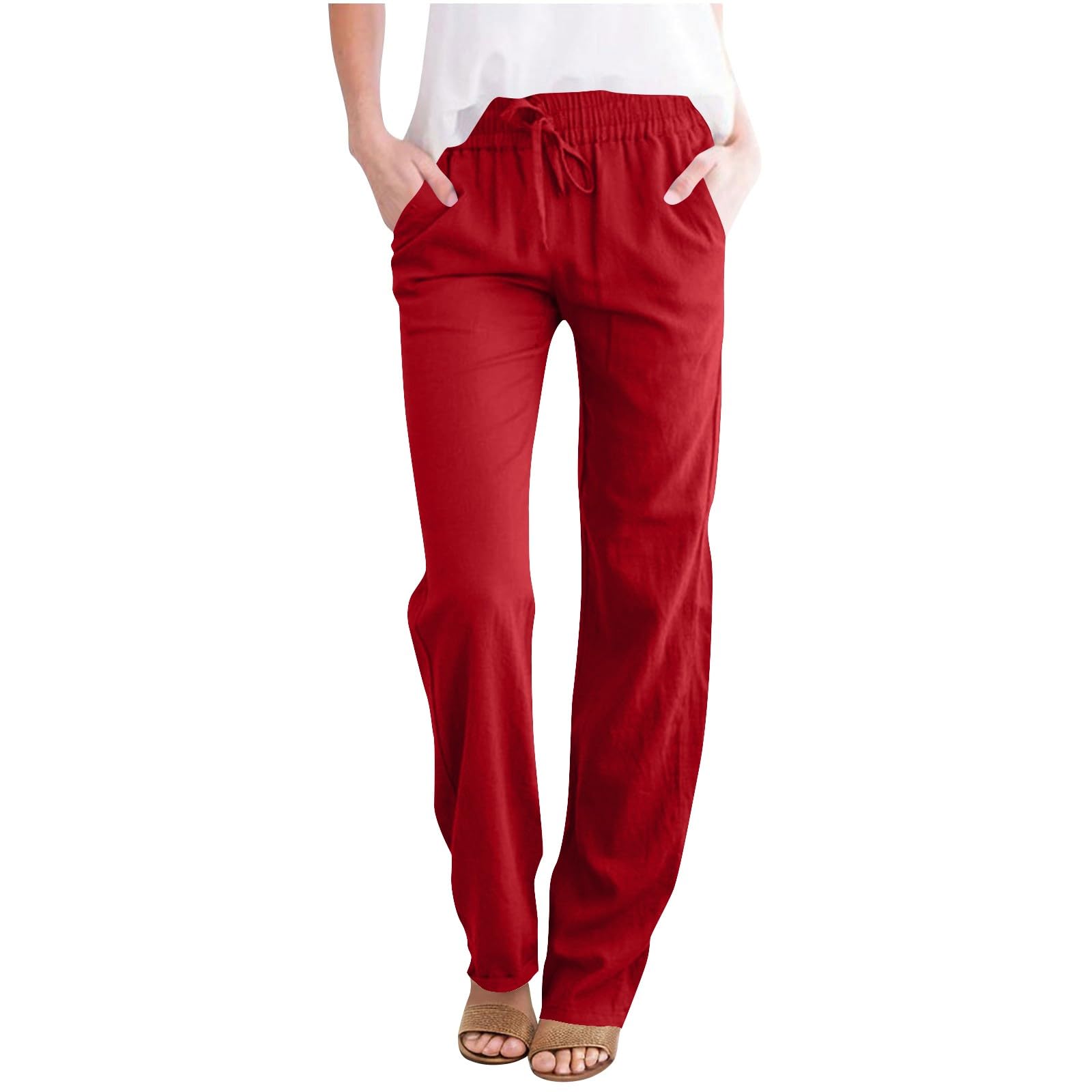 Womens Casual Linen Trousers High Waist Loose Comfy Beach Pants Straight Leg Summer Vacation Pant with Multi Pockets