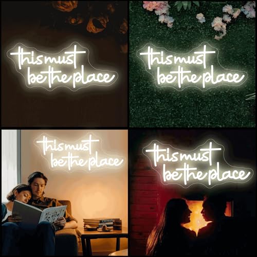 Image of This Must Be The Place Neon Signs for Wall Decor Dimmable Warm White LED Signs for Bedroom Classroom Man Cave Home Bar Birthday Party Game Zone Decor Neon Classroom Sign