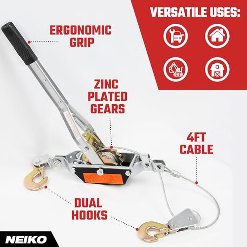 Image of NEIKO 02251A Come Along Winch, 1-Ton (2,000 lbs) Pulling Capacity, 5.9Ft, 2 hook, Heavy Duty Power Cable Come Along Tool with Dual Gears, Hand Winch Cable, Automotive Hoist Winch Puller, Recovery Gear