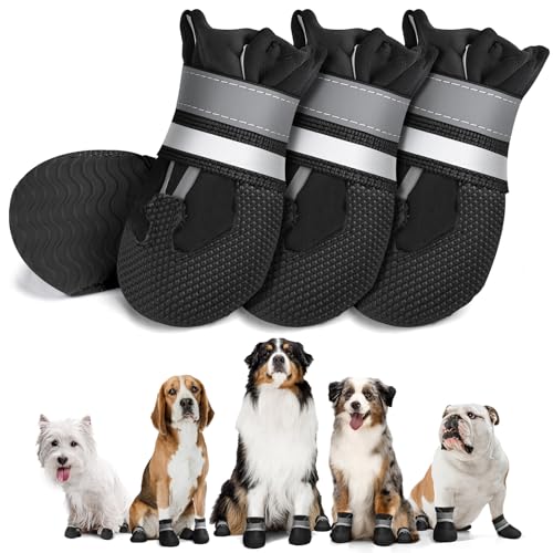 Adiwo 4 Piezas Zapatos Impermeables para Perros, Botas Antideslizantes para Perro, Protector de la Patas Perro con Correas Reflectantes, Ajustable Lavable para Perros Pequeños, Medianos y Grandes