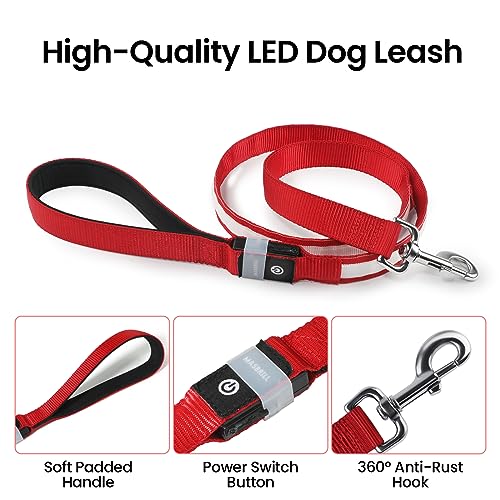 MASBRILL LED Hundeleine, Leuchtend für Kleine, Mittel Große Hunde, Wiederaufladbar &, 3 Beleuchtungsmodi 5 Farben Erhältlich, Glühen im Dunkeln Sicherheit Nachtwandern (Rot)