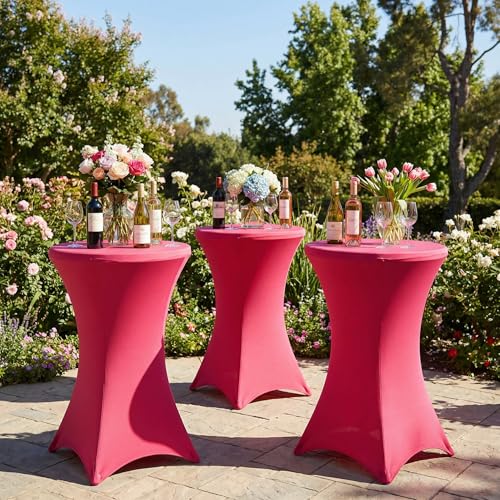 Yomeri Cocktail Table Cover, 2 Pack Spandex Fitted Cocktail Tablecloths, Stretch Round High Top Table Cloths for Bar Wedding Party Banquet, Magenta, 30"-32" Diameter x 40"-43" Height by Yomeri - Used condition - Image 2