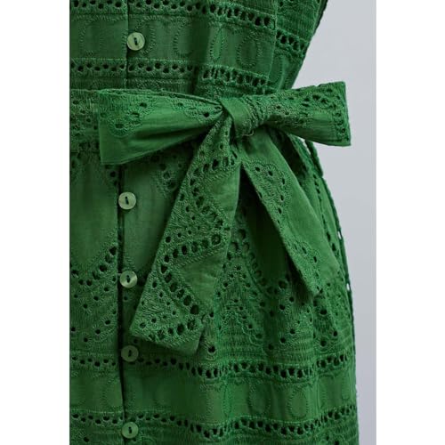 Image of CHICWISH Women Embroidered Eyelet Frilling Midi Dress Cotton V Neck Button Short Sleeve Flowy Summer Green Dress with Belt