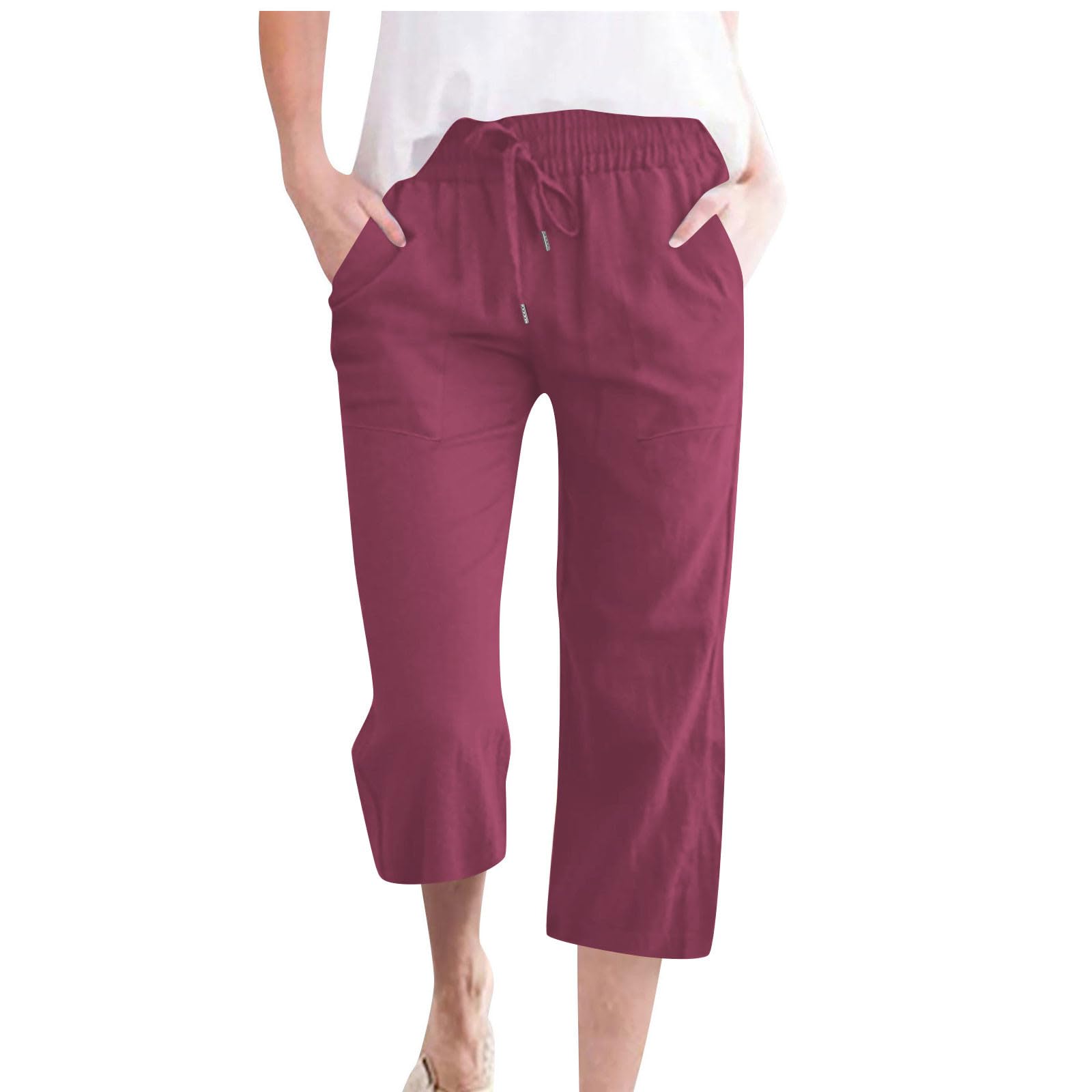 Leinenhose Damen Sommer 3/4,Baumwolle Leinen Stoffhose Leicht Atmungsaktiv Yogahose Einfarbig Lässig Caprihose Weites Bein Hosen mit Taschen Elastische Bequeme Sommerhose Weich Sporthose für Frauen