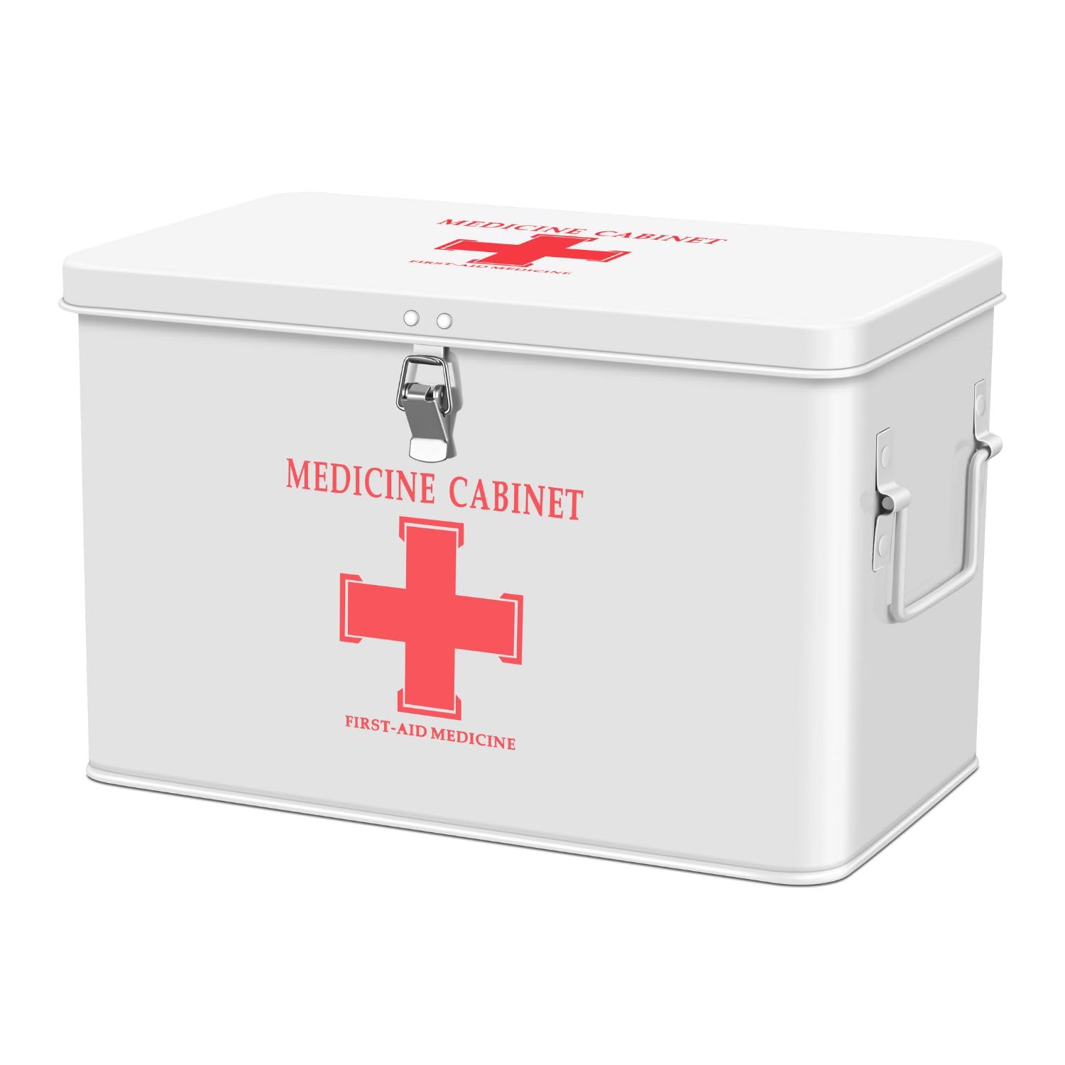 Flexzion First Aid Box Organizer Empty with Lock - 13" White Vintage First Aid Kit Tin Metal Medical Box - First Aid Storage Bin Container with Dividers, Removable Tray and Red Cross Logo