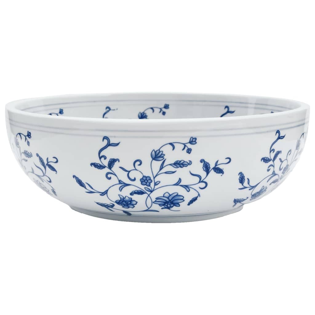 vidaXL Countertop Basin, Bathroom Sink for Above Counter, Wash Basin for Lavatory Cloakroom Office, Vessel Sink, White and Blue Round Ceramic