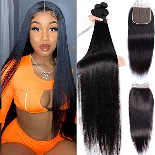 CHEEON Human Hair Bundles with Closure (14 16 18+12 Inch) Brazilian Straight Hair Bundles with Closure Unprocessed Virgin Straight Human Hair Weave 3 Bundles with Lace Closure 4x4 Free Part