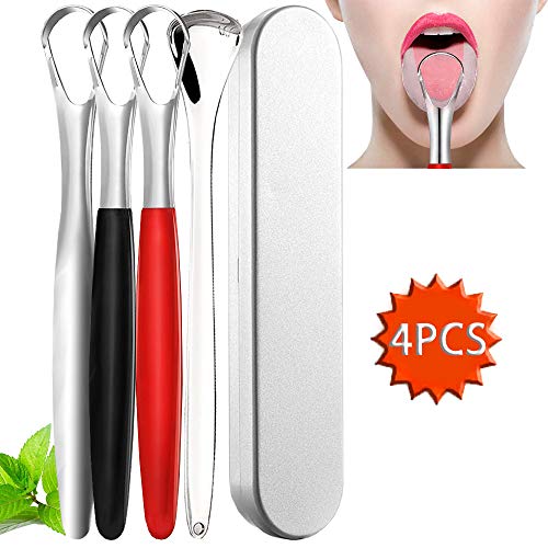Tongue Scraper Cleaner Stainless Steel - Fresh Breath Tongue Scrapers Medical Grade Metal Tongue Scraping Cleaner with Carrying Case for Oral Care(4 Pack)