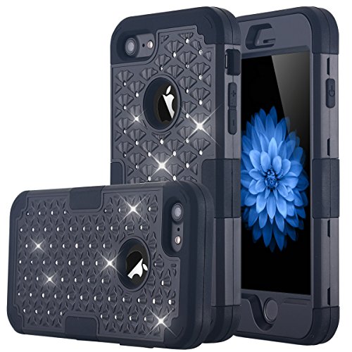 iPhone 7 Case, LONTECT Hybrid Heavy Duty Shockproof Diamond Studded Bling Rhinestone Case with Dual Layer [Hard PC+ Soft Silicone] Impact Protection for Apple iPhone 7 - Black