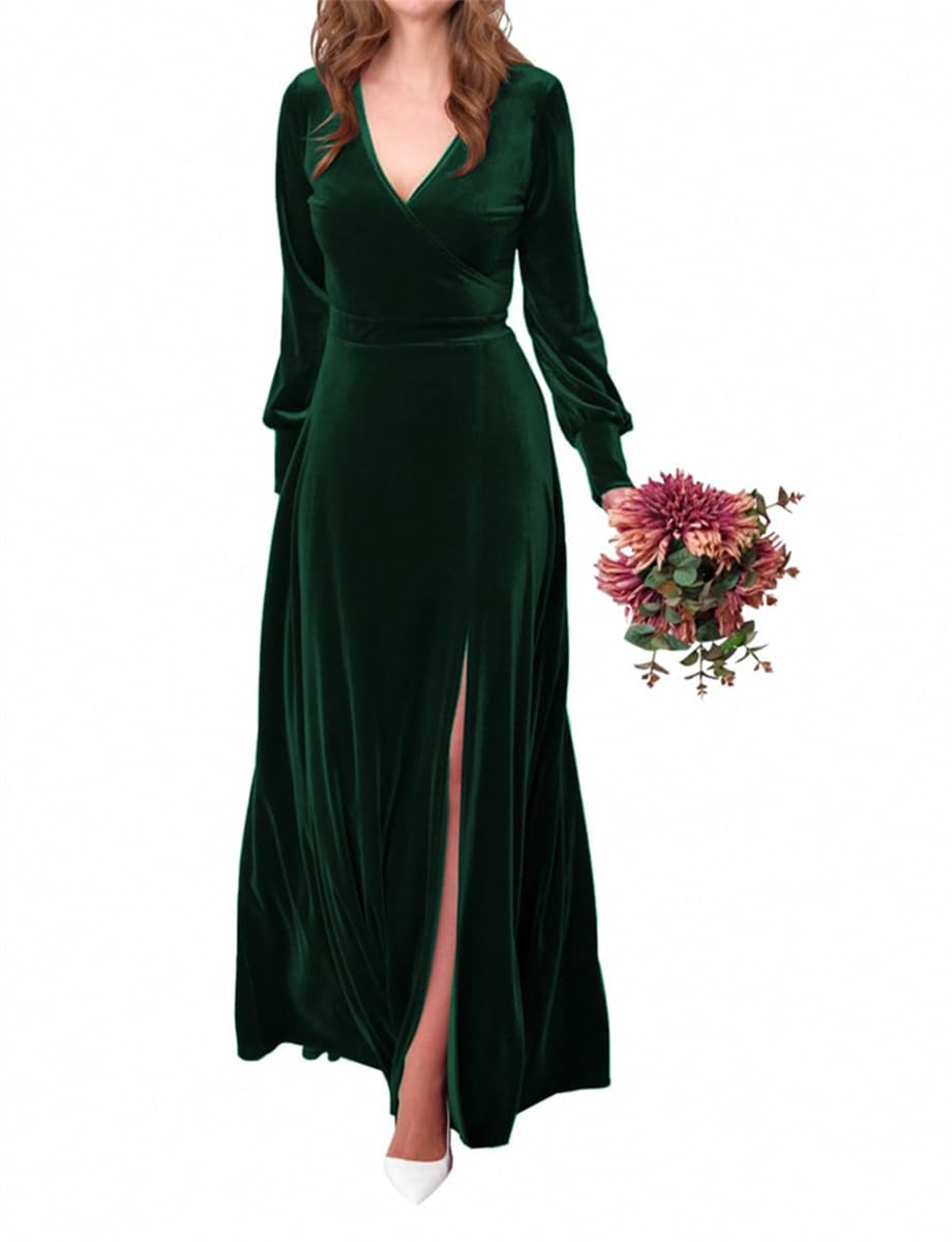 SAYNO Women's Velet Bridesmaid Dresses with Slit A-Line V Neck Floor Length Long Sleeves Wedding Guest Evening Gowns Dark Green UK18