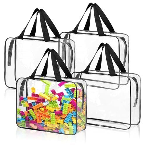 4 Pack Toy Storage Bags, Clear PVC Toy Organizer with Zipper, Large Black Waterproof Reusable Toy Bags with Labels for Puzzles, Building Blocks, Board Game, Stationery, Kids Books