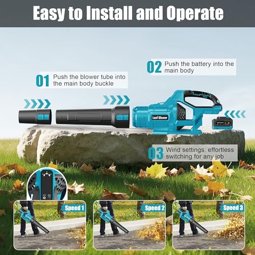 LEEIKOO Leaf Blower Cordless, 21V Garden Blower with 4000mAh Battery, 3 Speed Settings Battery Leaf Blower, 2 Blow Tubes, Shoulder Strap for Leaf, Snow, Dust and Debris Blowing - Image 4